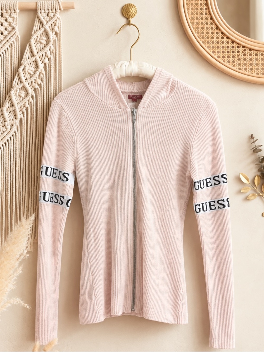 Guess Rib-Knit Zip Hoodie Sweater - Light Pink